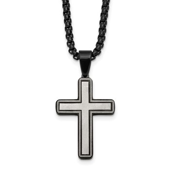 Stainless Steel Brushed and Polished Black IP-plated Cross 24in Necklace
