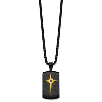 Stainless Steel Brushed and Polished Blk/Yellow IP w/CZ Dog Tag Necklace — alternate view