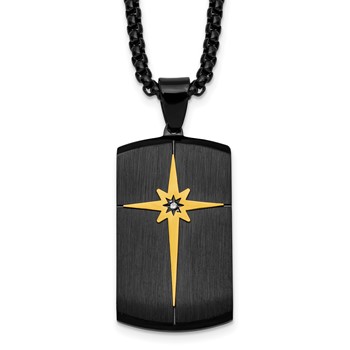 Stainless Steel Brushed and Polished Blk/Yellow IP w/CZ Dog Tag Necklace