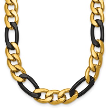 Chisel Stainless Steel Polished Yellow and Black IP-plated 9mm 24 inch Figaro Necklace