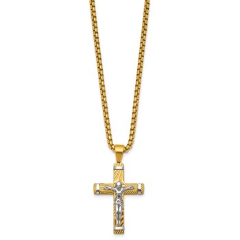 Chisel Stainless Steel Brushed and Polished Yellow IP Textured Crucifix 24 inch Box Chain Necklace — alternate view