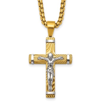 Chisel Stainless Steel Brushed and Polished Yellow IP Textured Crucifix 24 inch Box Chain Necklace