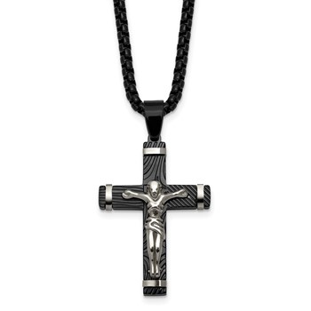 Chisel Stainless Steel Polished Black IP-plated Textured Crucifix 24 inch Box Chain Necklace