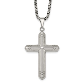 Stainless Steel  Polished and Textured Cross 24in Necklace