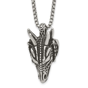 Chisel Stainless Steel Antiqued and Polished Dragon Head 24 inch Box Chain Necklace