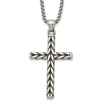 Stainless Steel Antiqued and Polished Braided Cross 24in Necklace