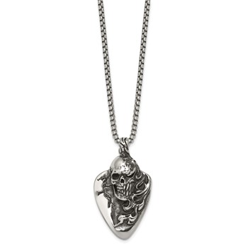 Chisel Stainless Steel Antiqued and Polished Skull on Guitar Pick 24 inch Box Chain Necklace — alternate view