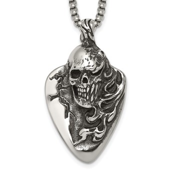 Chisel Stainless Steel Antiqued and Polished Skull on Guitar Pick 24 inch Box Chain Necklace