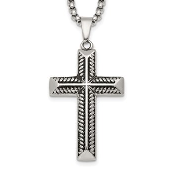Stainless Steel Antiqued and Polished Cross 24in Necklace