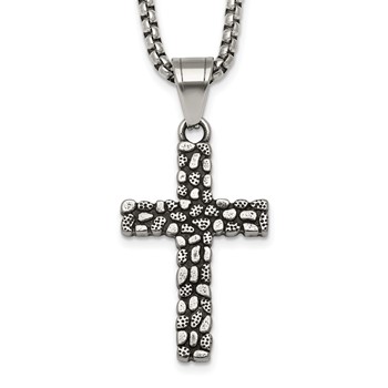 Stainless Steel Antiqued and Polished Textured Cross 24in Necklace