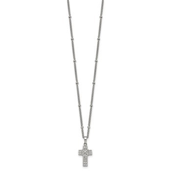 Stainless Steel Polished CZ Cross 18in w/1.75in ext. Beaded Chain Necklace — alternate view