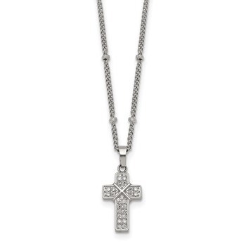 Stainless Steel Polished CZ Cross 18in w/1.75in ext. Beaded Chain Necklace