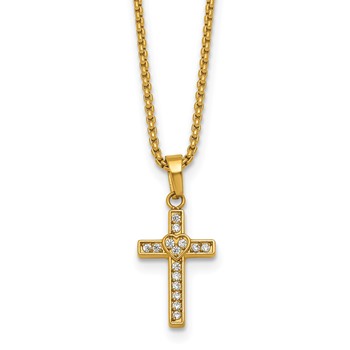 Chisel Stainless Steel Polished Yellow IP CZ Cross with Heart 18 inch with 2 inch Box Chain Extension Necklace