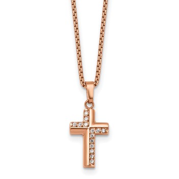 Stainless Steel Polished Rose IP CZ Cross 18in with1.75in ext. Necklace