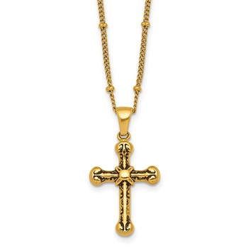 StainlessSteel Polished Enameled Yellow IP Cross 18in w/1.75in ext Necklace