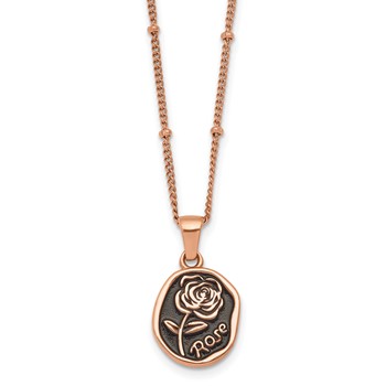 Chisel Stainless Steel Polished Rose IP Blk Enamel Rose 18in with 1.75 inch Extension Cable and Beaded Necklace