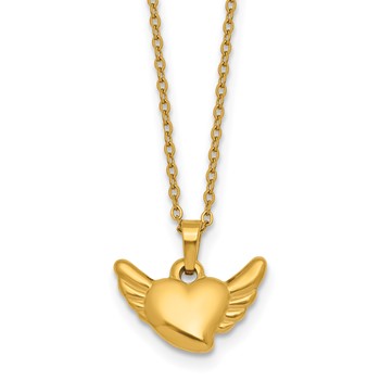 Chisel Stainless Steel Polished Yellow IP Heart with Wings 18 inch with 1.75 inch Extension Necklace