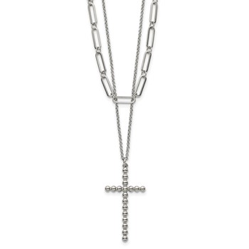 Stainless Steel Polished Beaded Cross 2-Strand 22in w/1.75in ext. Necklace