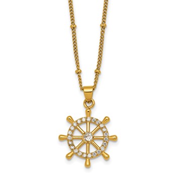 Chisel Stainless Steel Polished Yellow IP-plated CZ Ships Wheel 20 inch Necklace