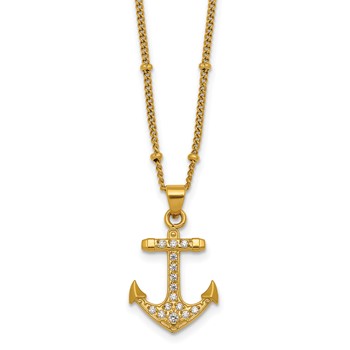 Chisel Stainless Steel Polished Yellow IP-plated  CZ Anchor 20 inch Necklace