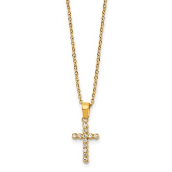 Stainless Steel Polished Yellow IP-plated CZ Cross 18in w/2in ext. Necklace