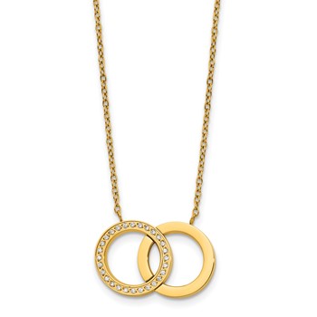 StainlessSteel Polished Yellow IP with CZ Double Rings 18in with 2in ext Necklace