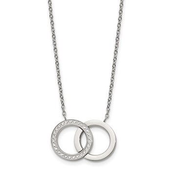 Stainless Steel Polished with CZ Double Rings 18in with 2in ext. Necklace