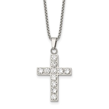 Stainless Steel Polished CZ Cross 18in w/2in ext. Necklace