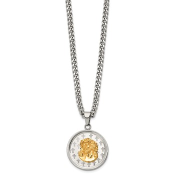 Stainless Steel Polished Yellow IP Jesus on Disc 24in w/2in ext. Necklace — alternate view