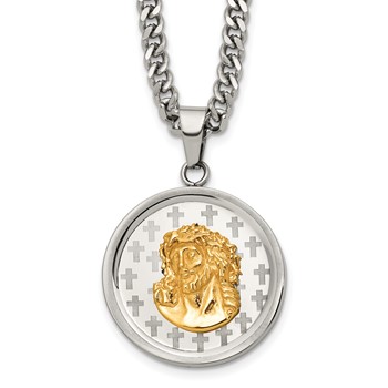 Stainless Steel Polished Yellow IP Jesus on Disc 24in w/2in ext. Necklace