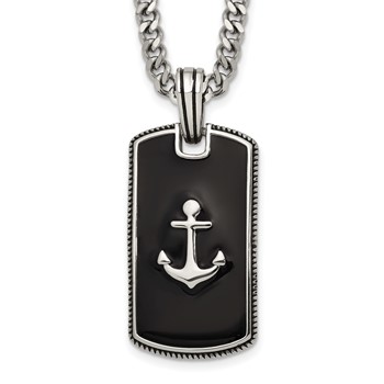 Chisel Stainless Steel Polished with Black Enamel Anchor Dog Tag 24 inch with 2 inch Extension Curb Chain Necklace