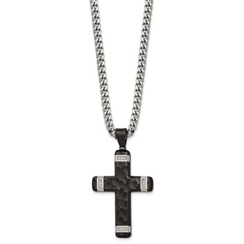 Stainless Steel Polished Hammered Black IP CZ Cross w/2.5in ext. Necklace — alternate view