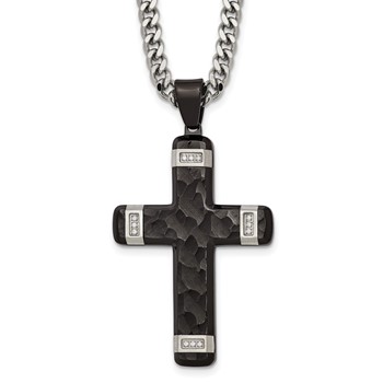 Stainless Steel Polished Hammered Black IP CZ Cross w/2.5in ext. Necklace