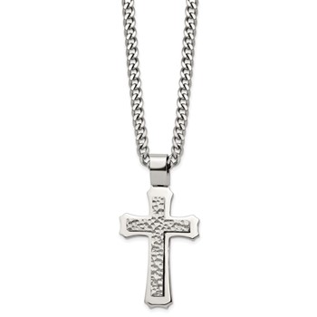 Stainless Steel Polished and Hammered Cross 24in w/2in ext. Necklace — alternate view