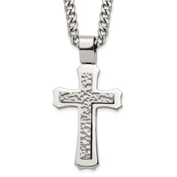 Stainless Steel Polished and Hammered Cross 24in w/2in ext. Necklace