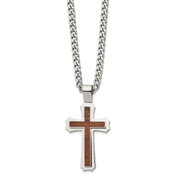 Stainless Steel Polished w/Wood Inlay Cross 24in w/2.5in ext. Necklace — alternate view