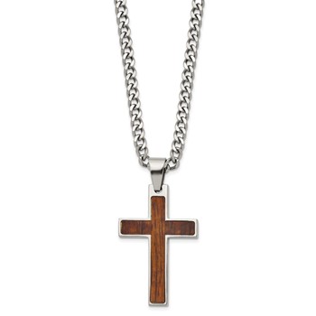 Stainless Steel Polished w/Wood Inlay Cross 24in w/2in ext. Necklace — alternate view