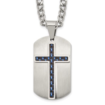 Stainless Steel Brushed Polished CarbonFiber Inlay Cross w/2in ext Necklace