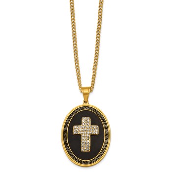 Stainless Steel Polished Yellow IP/Blk Enamel Crystal Oval Cross Necklace — alternate view