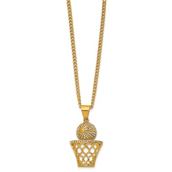Chisel Stainless Steel Polished Yellow IP Crystal Basketball Hoop 24 inch Curb Chain Necklace — alternate view