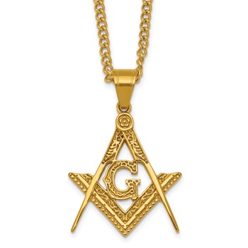 Chisel Stainless Steel Polished Yellow IP Masonic Symbol 24 inch Curb Chain Necklace