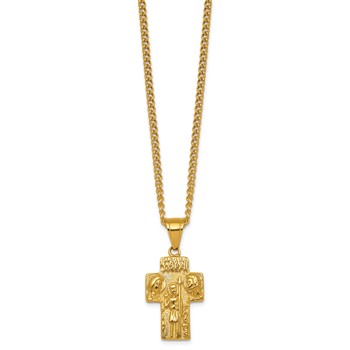 Stainless Steel Polished Yellow IP Jesus Mary Joseph Cross Necklace — alternate view