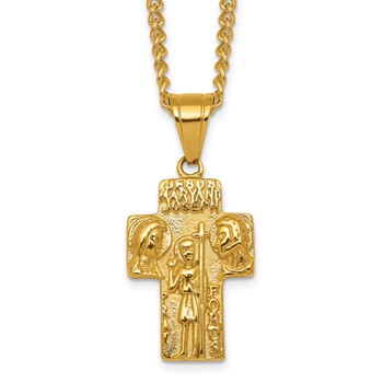 Stainless Steel Polished Yellow IP Jesus Mary Joseph Cross Necklace