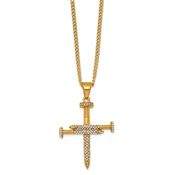 Stainless Steel Polished Yellow IP Crystal Nail Cross 24in Necklace — alternate view