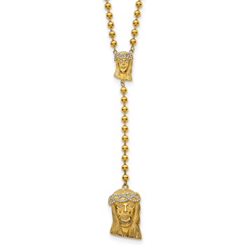 Stainless Steel Polished Yellow IP-plated Crystal Jesus Rosary Necklace