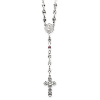 Stainless Steel with 925 Polished Dark Pink CZ 21in Rosary Necklace