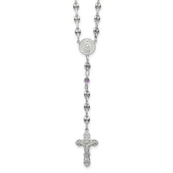 Stainless Steel with 925 Polished Purple CZ  21in Rosary Necklace
