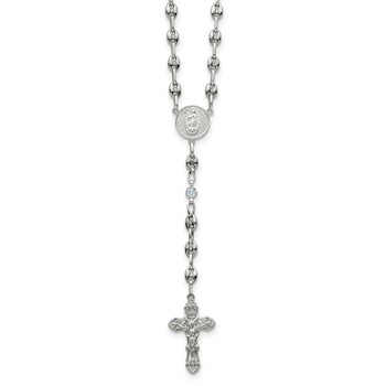 Stainless Steel with 925 Polished Light Blue CZ 21in Rosary Necklace