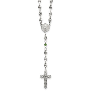 Stainless Steel with 925 Polished Green CZ 21in Rosary Necklace
