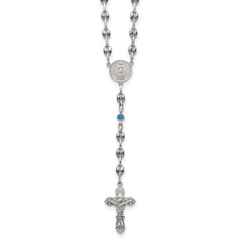 Stainless Steel with 925 Polished Dark Blue CZ 21in Rosary Necklace